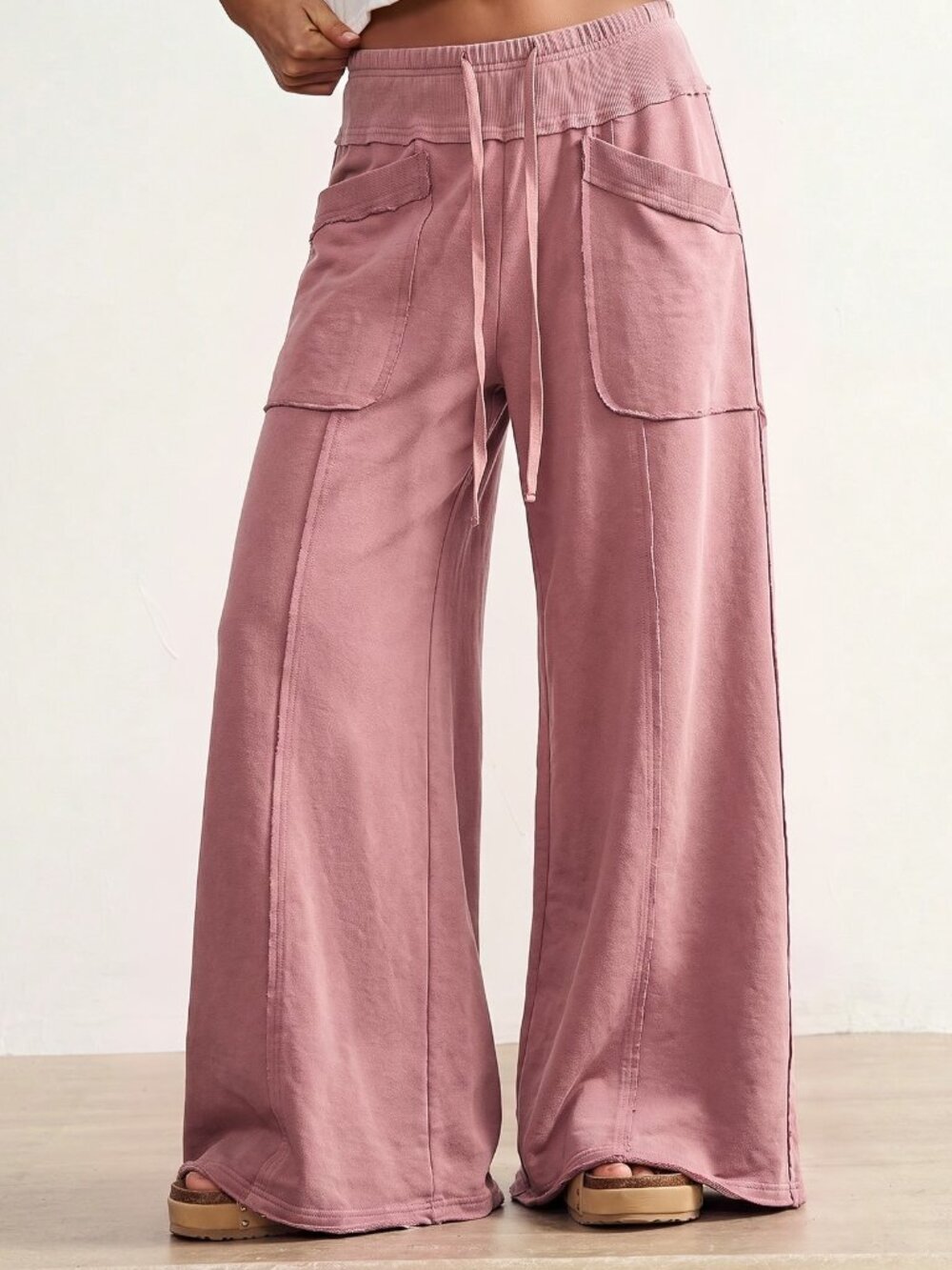 Pink Casual Women's Loose Low Waist Wide Leg Long Pants - Picture 2 of 8